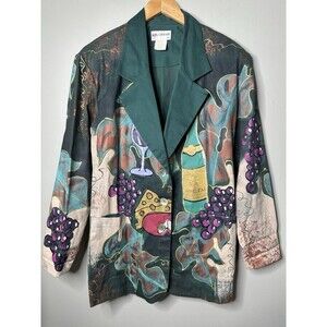 Vtg KOLORWAY Hand Painted 90's Wine Charcuterie Blazer Size L Whimsical Artsy